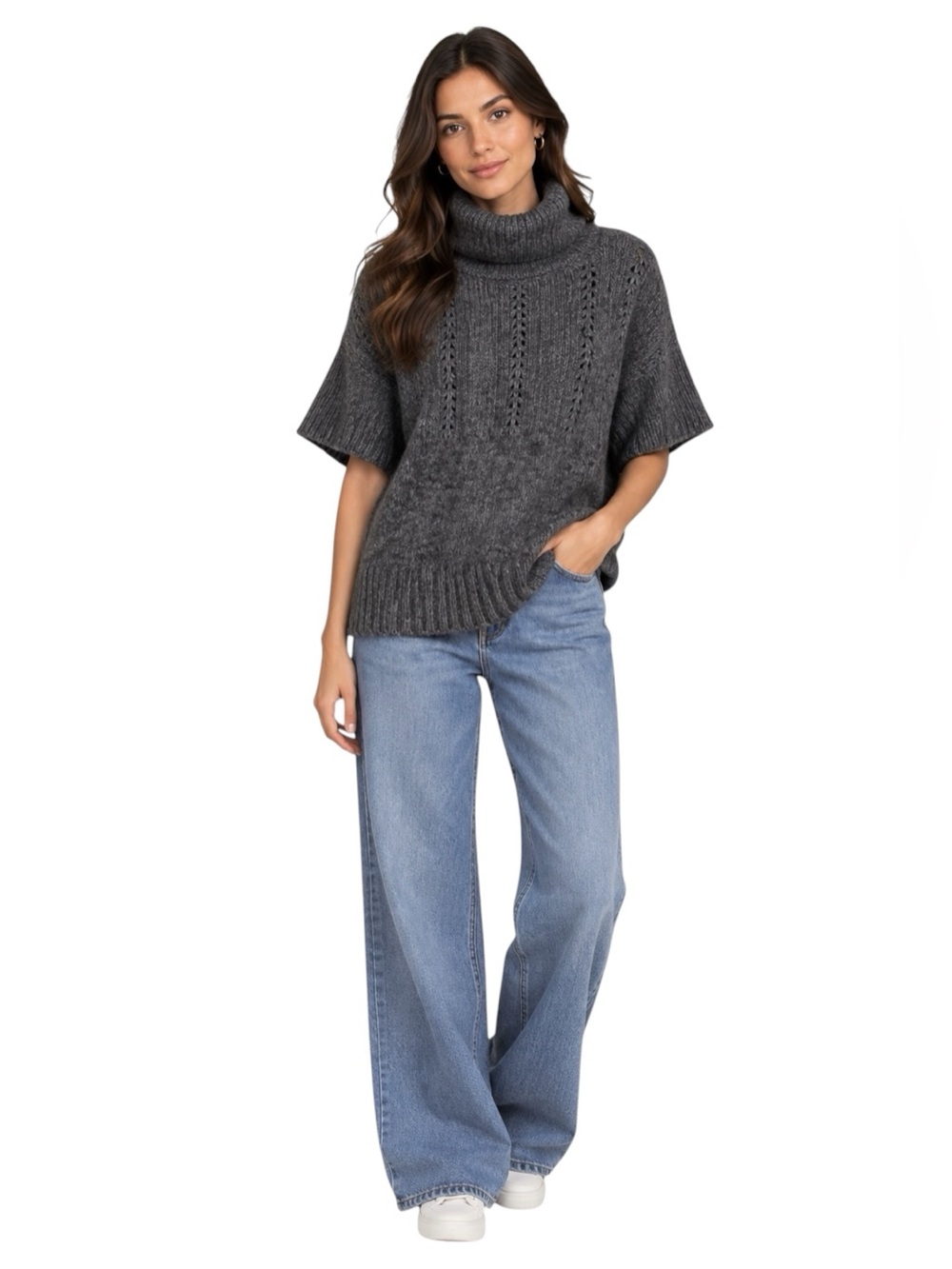 Elie Tahari Charcoal Gray Wool Blend Short Sleeve Turtleneck Sweater Size M